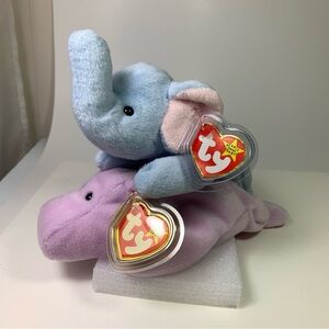 TY PEANUT Blue Elephant and HAPPY Purple Hippo Plush Toy Set Vintage NWT